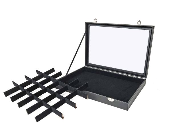 Schmuckkasten Schmucklade Schaukasten Schmuckdisplay mit Glasdeckel mit 24 Fächern schwarz